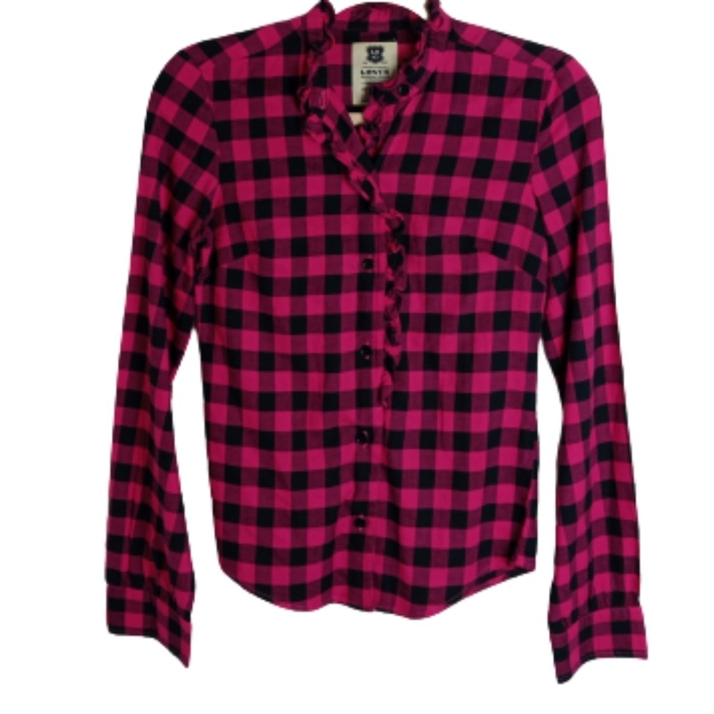 Levi's Button Down Shirt Women XS Pink Black Buffalo‎ Plaid Ruffle Trim Flannel